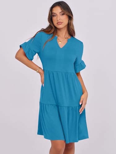 Image of ANRABESS Women's Summer Casual Dress, V-Neck Ruffle Sleeve Tiered Mini Dress, Soft Comfy Fabric with Pockets for All-Day Wear