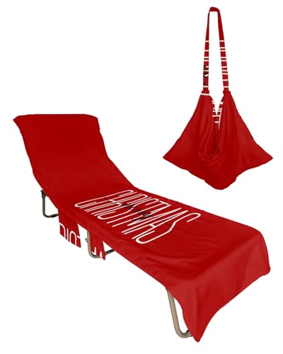 Merry Christmas Beach Lounge Chair Towel Cover, Soft Chaise Lounge Towel with Side Pockets Patio Pool Chairs Cover for Beach/Pool Sunbathing 29x85 Winter Xmas Red