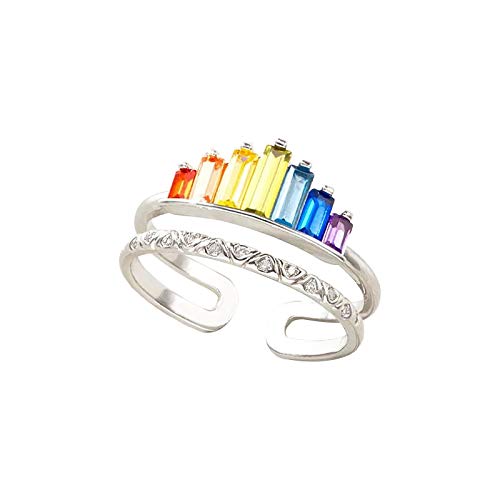Double Band Rainbow Ring, Adjustable Wide Band Stacking Rainbow Rings for Women, Fashionable Rainbow Micro Diamond Ring Female Adjustable Opening
