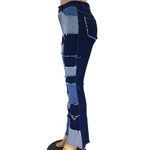 Calça jeans feminina de cintura alta SOIMISS com aplique flare e cintura alta com calça de sino, Azu