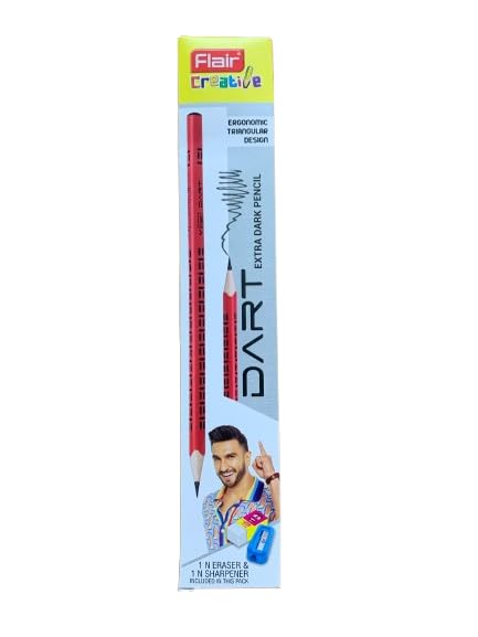 Image of FLAIR Creative DART Extra Dark 2B Wooden Pencils 10| Ergonomic Triangle Body| Comfortable Grip| Soft Treated Premium Wood| FREE 1 Eraser & Sharpener| Pack of 4