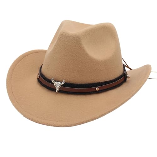 Sombrero estilo vaquero occidental del horizonte, sombrero de jazz, sombrero de cabeza de vaca, decoración étnica, sombrero de paja, vaquero para hombre, beige, M