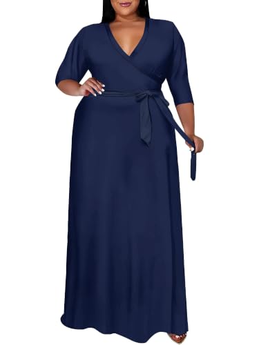 Image of SUZONANA Plus Size Maxi Dresses for Curcy Women Casual Loose 3 /4 Sleeve Long Dress with Belt