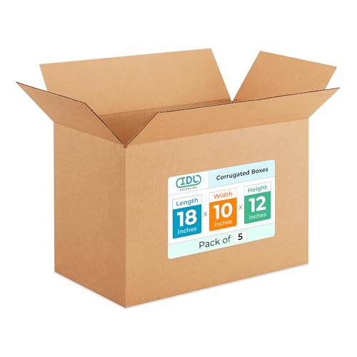Medium Shipping &amp; Moving Boxes 18 x 10 x 12 inches (5-Pack) - Extra Strength 200 lb vs Regular - Corrugated Medium Moving Boxes - Box for Moving for USPS, UPS, FedEx - Packing Box by IDL Packaging