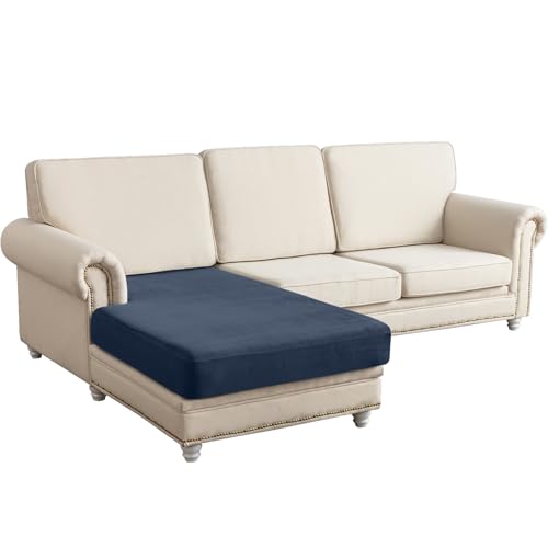 Image of Couch Cover Velvet Chaise Cushion Cover for Sectional Sofas - Elastic L-Shaped Sofa Seat Covers Washable, Slipcover Protector (1-Piece, Berlin Blue)