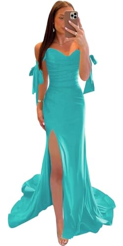 Women's Off Shoulder Bridesmaid Dresses Long Satin Mermaid Ruched Prom Formal Gowns with Slit F130