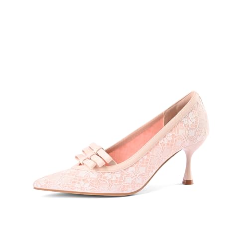 Women's Kitten Heel Pumps Closed Pointed Toe Mesh Lace Heels Sexy Pointy Stiletto Bow Pump Slip on Comfortable Heeled Sandals Wedding Dress Shoes