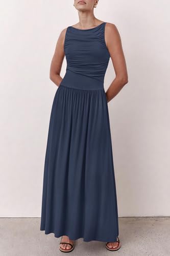Image of Newshows Women 2025 Summer Maxi Dresses Vacation Ruched Boat Neck Tank Flowy Elegant Party Long Formal Dress Pockets