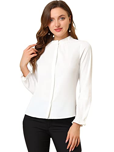 Allegra K Femmes Travail Bureau Boutonné Col Montant à Volants Bordure Manche Longue Chemisier Halloween déguisement Blanc XL Cover