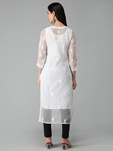 Image of Seva Chikan Hand Embroidered Lucknowi Chikankari Regular Straight Georgette Kurta Kurti for Women with Cotton Inner Slip SCL4254