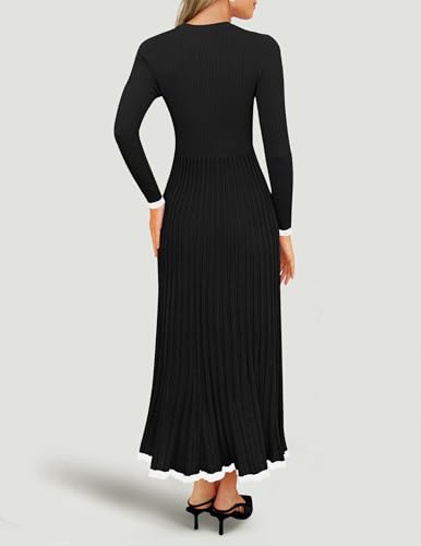 ZESICA Women's Long Sleeve Sweater Dress Fall 2025 Crewneck Ribbed Knit Pleated A-Line Maxi Wedding Guest Dresses4