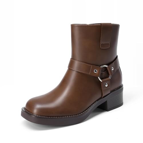 DREAM PAIRS Women's Ankle Booties Side Zipper Motorcycle Boots Square Toe Chunky Low Heel Fashion Buckles Biker Riding Boots,Size 9,Tan,DWUMAB2533