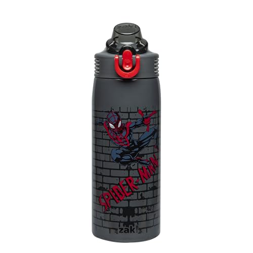 Zak Designs Marvel Spider-Man Sage Kids Water Bottle For School or Travel, 19oz Stainless Steel Water Bottle With Straw, Handle, and Leak-Proof, Pop-Up Spout Cover (Miles Morales)