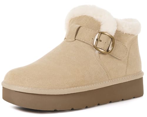 Hsyooes Womens Snow Boots Genuine Suede Leather Mini Boots Anti-Slip Outdoor Winter Ankle Booties Water Resistant Warm Faux Fur Lining,Apricot,40