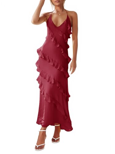 Wenrine Womens Sexy Chiffon Halter Maxi Dress Sleeveless Backless Ruffle Tassel Party Club Dresses Burgundy