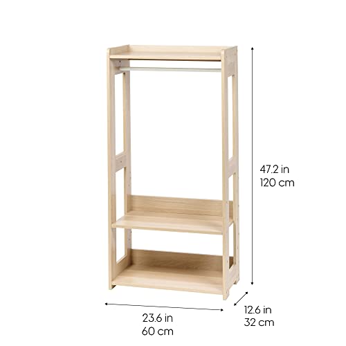 IRIS USA Small Open Wood Clothing Rack for Small Spaces, Clothes Rack with Shelves, Garment rack with Side Hook, Light Brown