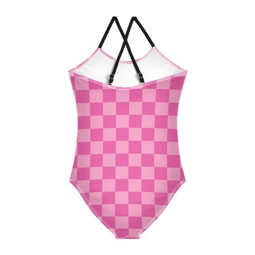 Pink Checkered Board Girls One Piece Swimsuits Hot Pink Sport Halter Swimwear Beach Bathing Suit 9-10T2