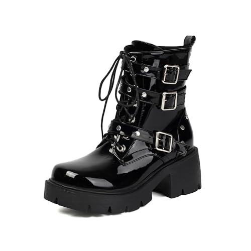 Image of FOREADA Goth Boots Chunky Heel Boot For Women Ankle Combat Booties Black Platform Bootie Buckle Rivets Punk Goth Shoes With Zipper