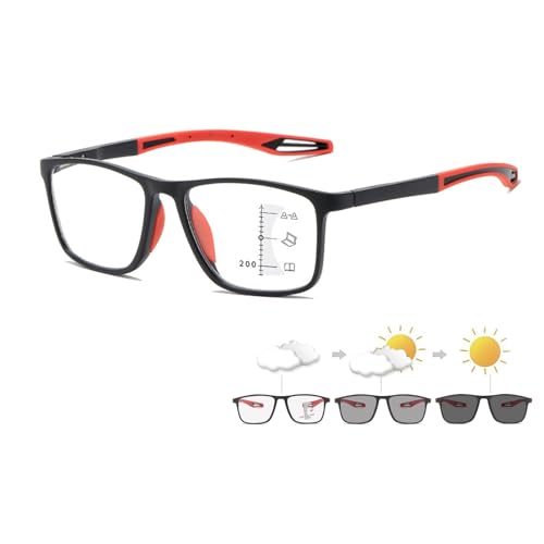 Gafas de Lectura con Filtro de luz Azul para Hombre y Mujer, Gafas de Lectura multifocales progresivas, rectangulares, TR90, Flexibles, Gafas presbicia(Black/Red,2.0 x)