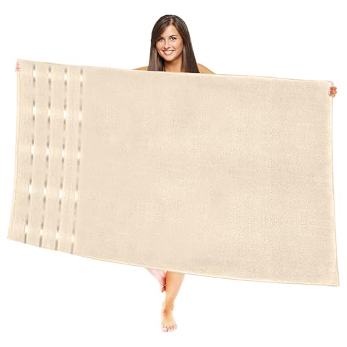 Image of Elegant Comfort 100% Turkish Cotton 4 Lines Viscose Stripe Jumbo Bath Towel - Hotel Spa Quality Extra Large 35 x 70 Inch Bath Towel Ultra Soft, Super Absorbent Quick Dry Large Bath Towel, Ivory