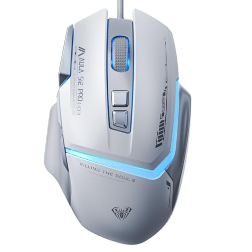 Aula S12 Pro - Ratón óptico macrol para Juegos, 12800 dpi, 8 Teclas, con Cable, Color Blanco