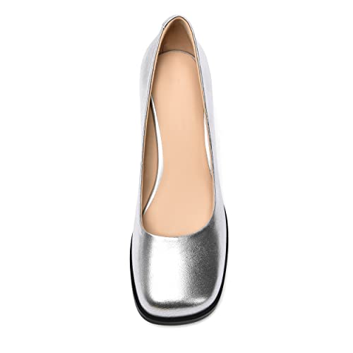 FEMSTEP Womens Casual Slip On Block Matte Leather Square Toe Chunky Low Heel Pumps Shoes 2.5 Inch4