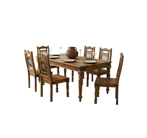 Image of Loonart Solid Sheesham Wood 6 Seater Dining Table Set | Antique Four Seater Wooden Dining Set with Chairs | Handmade Furniture for Home Kitchen & Dining Room (Honey Finish)