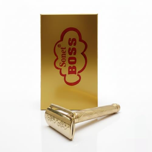 Image of BOSS Premium Safety Razor with 10 Double-Edge Blades for Men - Golden Brass Finish, Men's Shaving kit