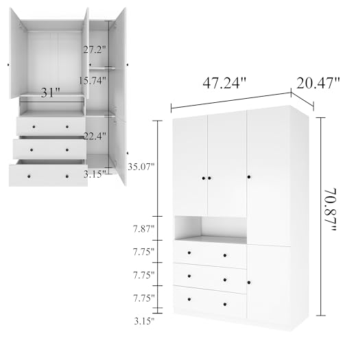 3doorarmoirewardrobeclosetwith3drawerswhitewardrobewithspaciousstoragewoodbedroomwardrobeclosetwithhangingbar  Urban Country Home Decor 3 door armoire wardrobe closet with 3 drawers white wardrobe with spacious storage wood bedroom wardrobe closet with hanging bar  urban country home decor