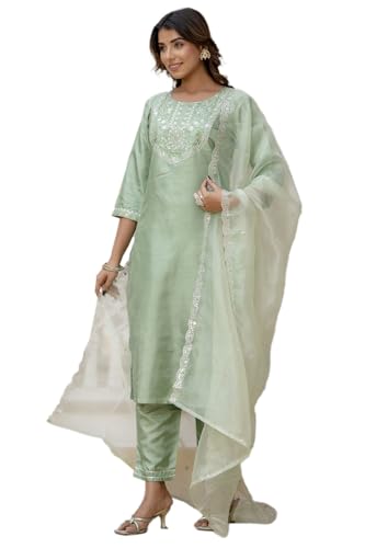 Image of VredeVogel Women's Silk Blend Embroidered Kurta with Pant & Dupatta Set