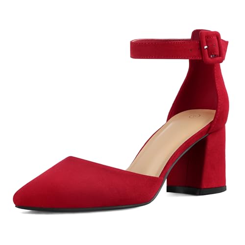 mysoft Women's Pointed Toe Low Chunky Heels Closed Toe Ankle Strap Dress Pump Shoes - Available in Wide Sizes
