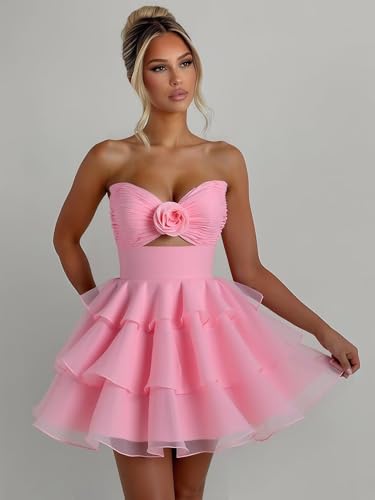 Short Prom Dresses 2025 for Teens Tiered Chiffon Homecoming Dress with Flower LW2254