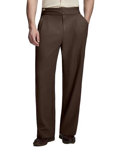 Susclude Baggy Dress Pants Men Pleated Wide Leg Trousers Casual Slacks Relaxed Fit High Waisted Vintage Pants for Men Coffee