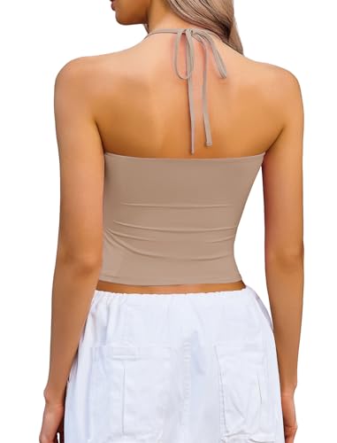 Image of Avidlove Halter Tops for Women Going Out Double Lined Sexy Crop Tank Top Ruched Slim Fit Cami Y2K Outfits Womens Summer Tops