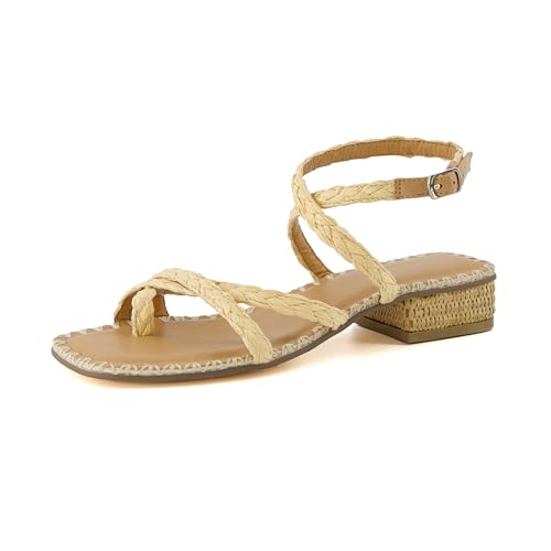 CUSHIONAIRE Wave Raffia Strappy Sandals for Women – Braided Toe Ring Ankle Wrap Dress Sandal with Low Block Heel & Memory Foam