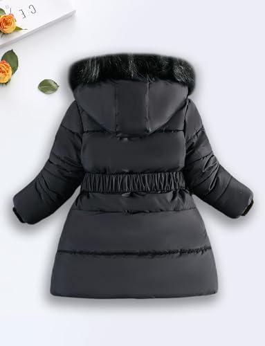 Happy Cherry Kid Girls Fleece Lining Coat with Belt Cute Pearl Dress Coat Winter Warm Fur Collar Snow Puffer Jacket 3-9Y3