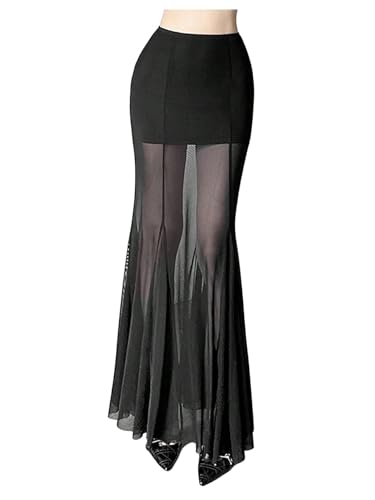 GORGLITTER Women's Ruffle Long Skirt Mesh Sheer Elegant Bodycon Coquette See Through Maxi Skirts