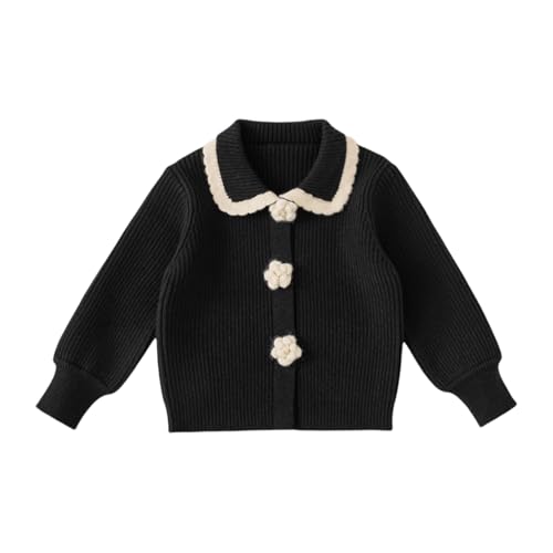 Girls' Long Sleeved Knitted Cardigan Sweater with Flower Buttons and Lapel Knit Sweater Jacket