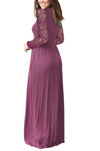 Image of AUSELILY Womens Lace Long Sleeve Maxi Dress V Neck Wrap Waist with Pockets | Lace sleeves, cross-wrap neck flatters, hidden pockets, floor-length maxi for year-round
