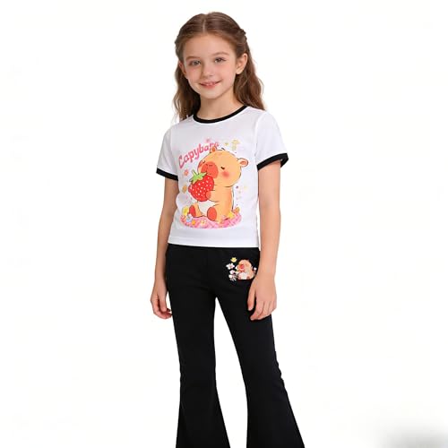 Image of Ayzozuy Tween Girls 2 Piece Outfits Short Sleeve Cartoon Graphic T-Shirt & Flared Pants Kids Clothing Set Size 8-13 Years