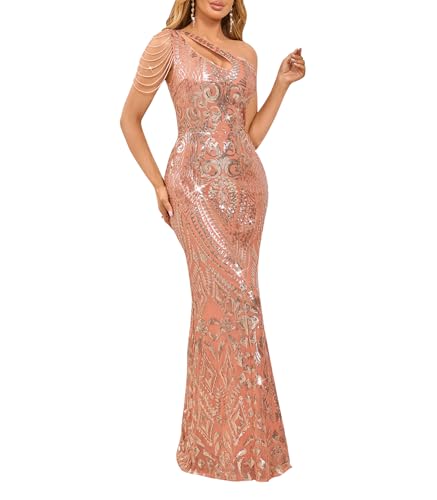 Image of Cololura Women Sequin Elegant Sexy One Shoulder Tassel Mermaid Bodycon Cocktail Evening Dress