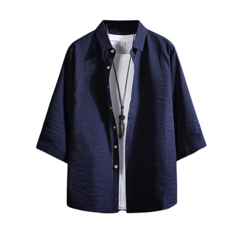 [foveitaa] メンズ 七分袖 シャツ 夏服 メンズ 綿麻シャツ 無地 大きいサイズ 和風 涼しい カジュアル 通気性 快適 シンプル オシャレ かっこいい 日常使い navy-XL