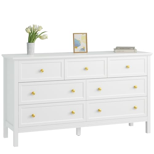 Image of CARPETNAL White Dresser for Bedroom, 7 Drawer Dresser with Wide Drawers and Gold Metal Handles, 55" White and Gold Dresser TV Stand, Modern Dressers & Chests of Drawers for Hallyway, Entryway.