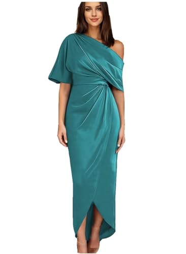 Raseal Women's One Shoulder Satin Mother of The Bride Dress with Sleeves Tea Length Fromal Evening Dress RS0884