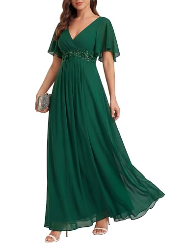 Image of Ever-Pretty Womens V Neck Applique Mother of the Bride Dresses Formal Dress | Chiffon, Short Sleeves, Ruched, A-Line, Bridesmaid Dresses, Formal Gown, Black Tie Dress