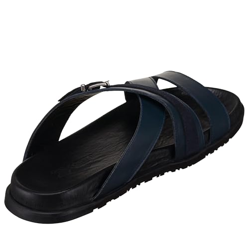 DALGALA Men's Navy Blue Leather Big Size Wide Fit Handmade Sandals Summer Shoes2