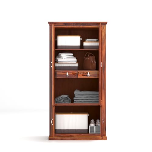 Image of Niwar Solid Sheesham Wood Wardrobe for Bedroom Modular Wooden Wardrobe Space Saving with 2 Door & 2 Drawer /Storage Rack Clothes Almirah Cupboard for Bedroom (Honey Finish)