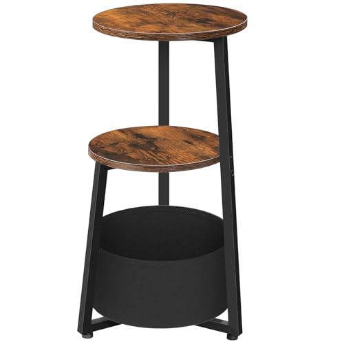 HOOBRO Table d’Appoint Ronde, Table de Chevet à 3 Niveaux avec Étagère de Rangement et Poche en Tissu, Table Basse Compacte de Canapé, pour Petits...