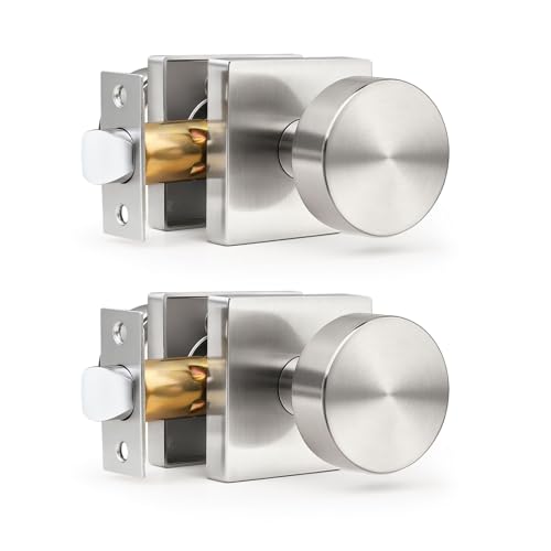 Gobrico Brushed Nickel Passage Door Knobs with Square Rosette(2 Pack), Heavy Duty Closet Door Handles Without Lock, Door Knob Sets for Hallway