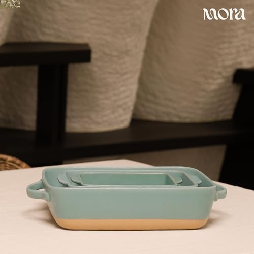 Image of Mora Ceramic Set of 2 Baking Dishes For Casserole, Banana Bread, Brownies, Broiling, Roasting, and Baking. 7x11 in and Loaf Pans - Porcelain Serving Bakeware from Oven to Table. Freezer Safe - Iris